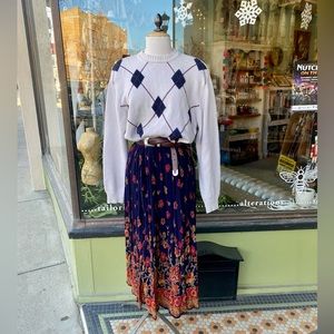 SOLD LL Bean Argyle cotton sweater dress paired w/ crepe floral motif maxi skirt